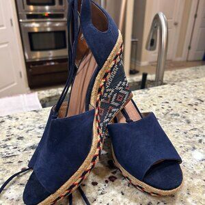 Cabi Espadrilles Blue Isla Suede Leather Wedge Heel Ankle Wrap Sandal Size 9.5M